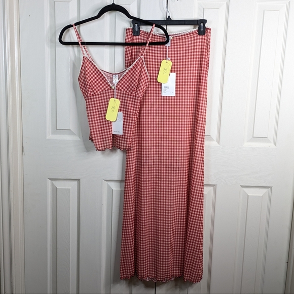 NEW BananHot Solay Skirt Top Set Small Medium Red Gingham Sheer Beach Resort - Picture 3 of 14